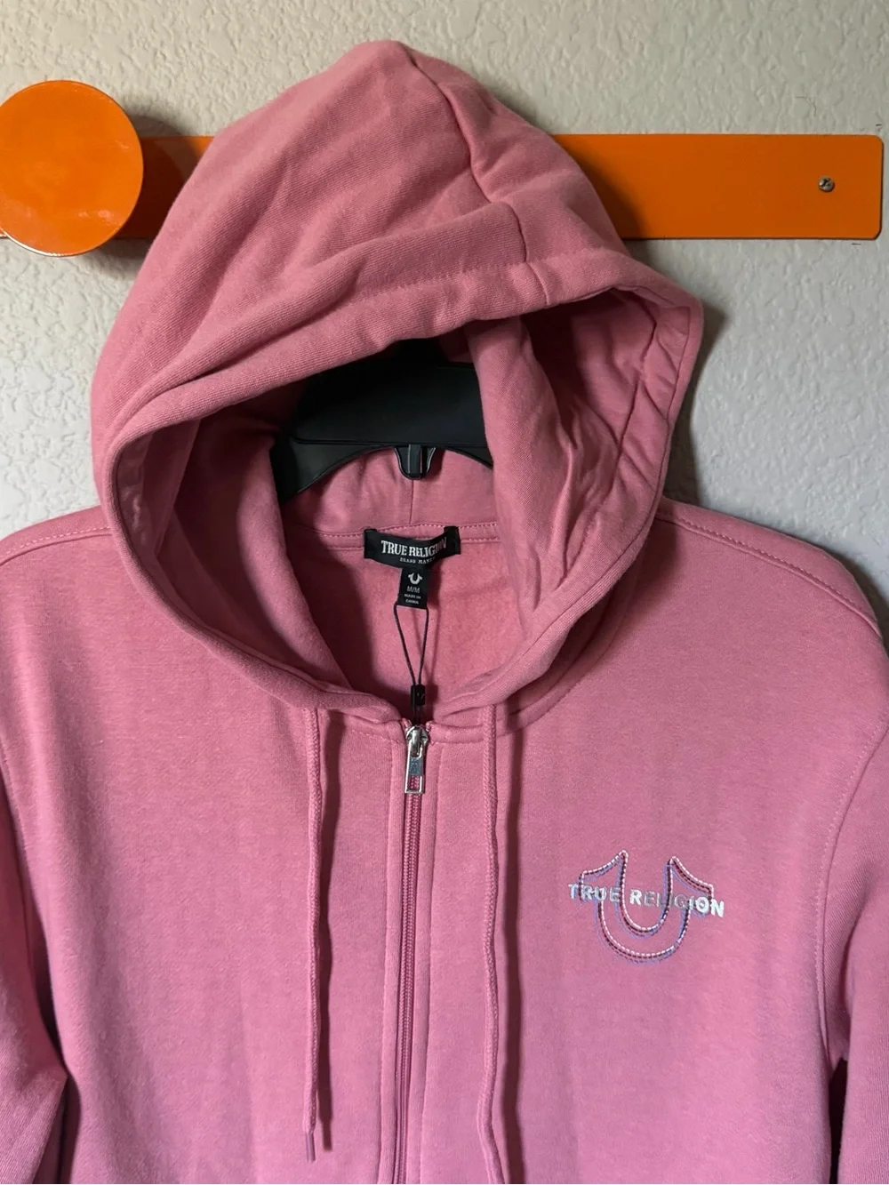 TRUE RELIGION Mens Medium Zip Up Hoodie Pink Brandied Apricot Pockets NWT $118